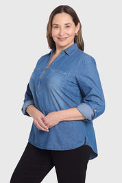 Blusa Mujer Con Tachas Bolsillo Azul