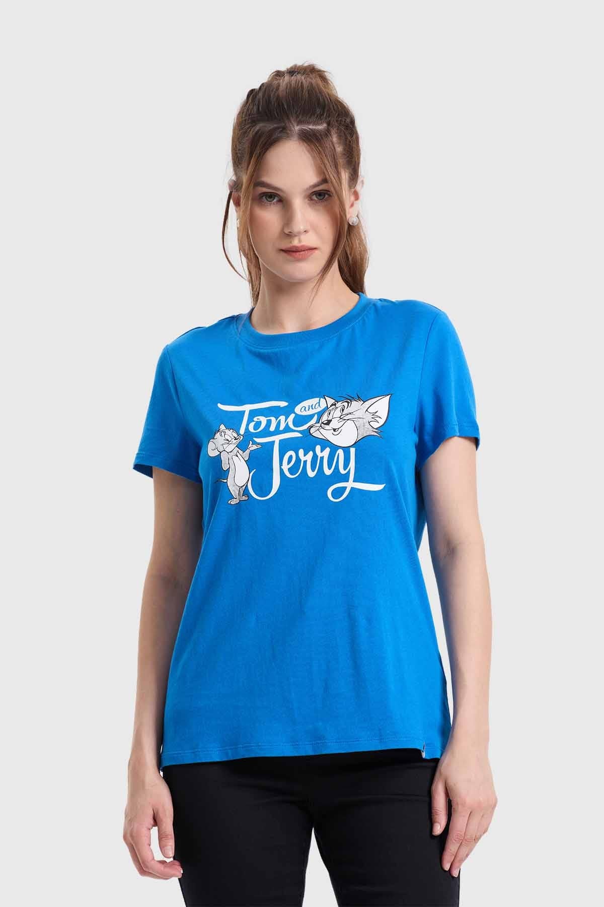 Polera mujer azul con diseño de Tom y Jerry, estilo casual y divertido.
