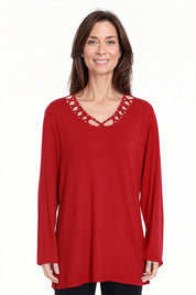 Polera Mujer Manga Larga Cuello Cruzado Rojo