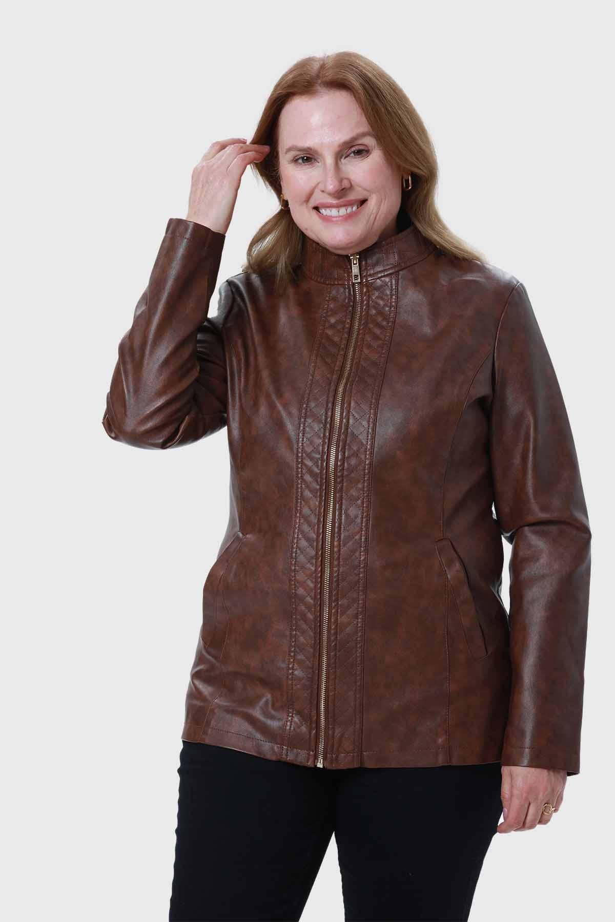 CHAQUETA EFECTO CUERO MUJER CAFE FSP