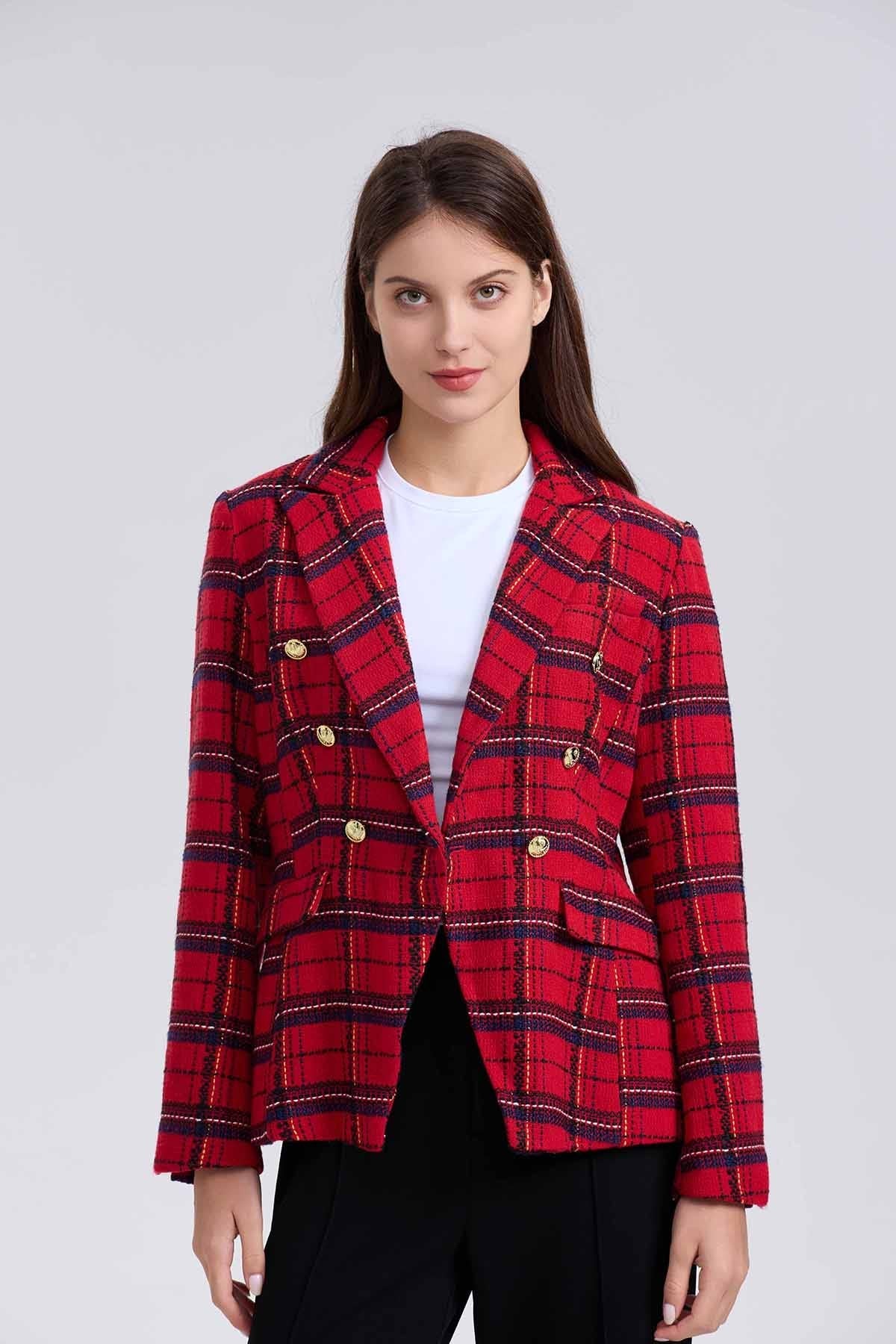 Blazer Mujer Escocés Corte Clásico Rojo