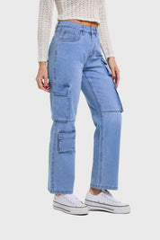 Jeans Mujer Calce Recto Cargo Azul