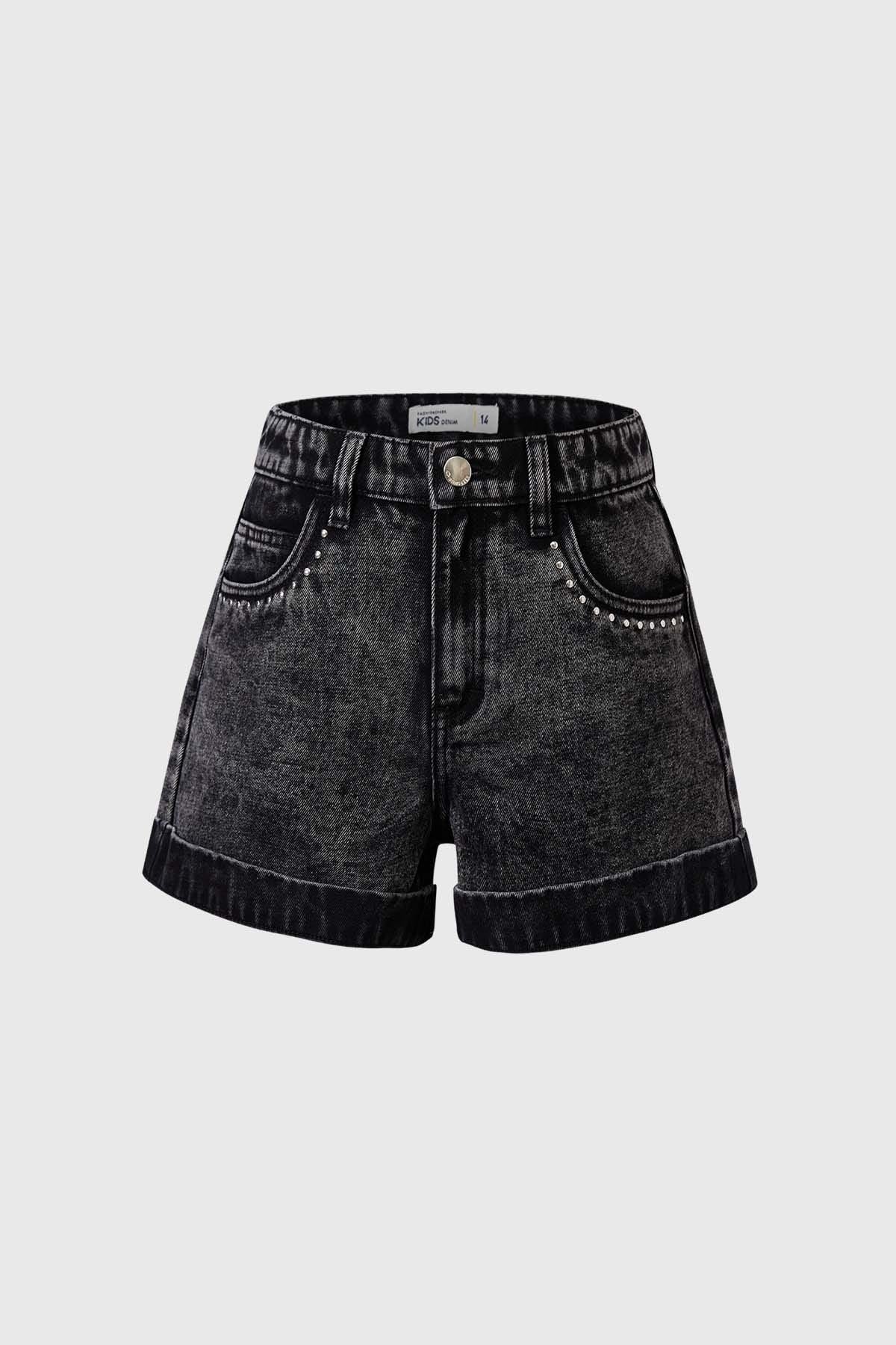 Short Niña Tiro Alto Con Tachas Negro
