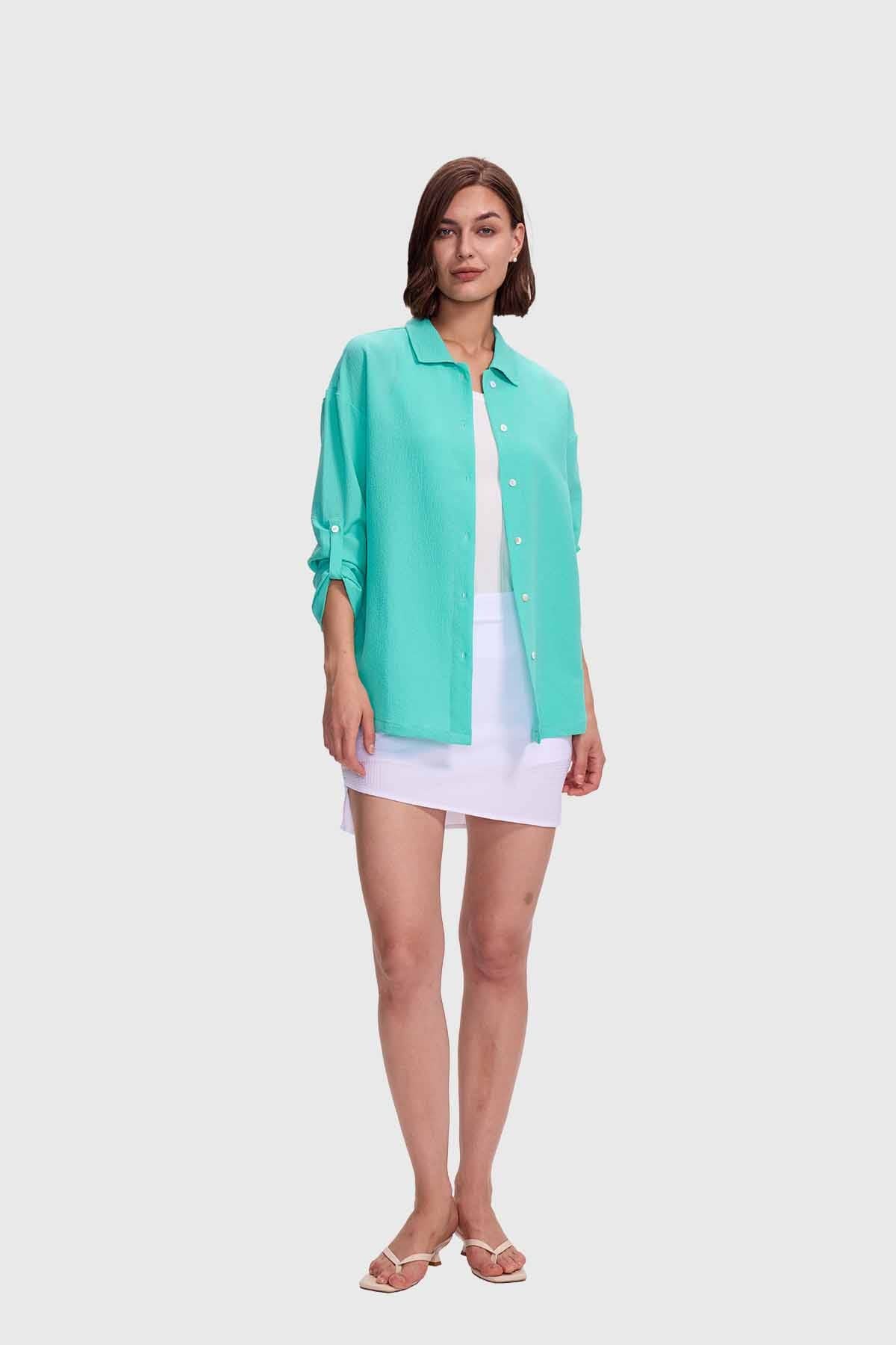 Blusa Mujer Abotonada Oversize Aqua