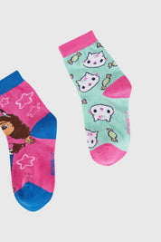 Calcetines niña Gabby bipack en colores verde y rosa con diseño divertido.
