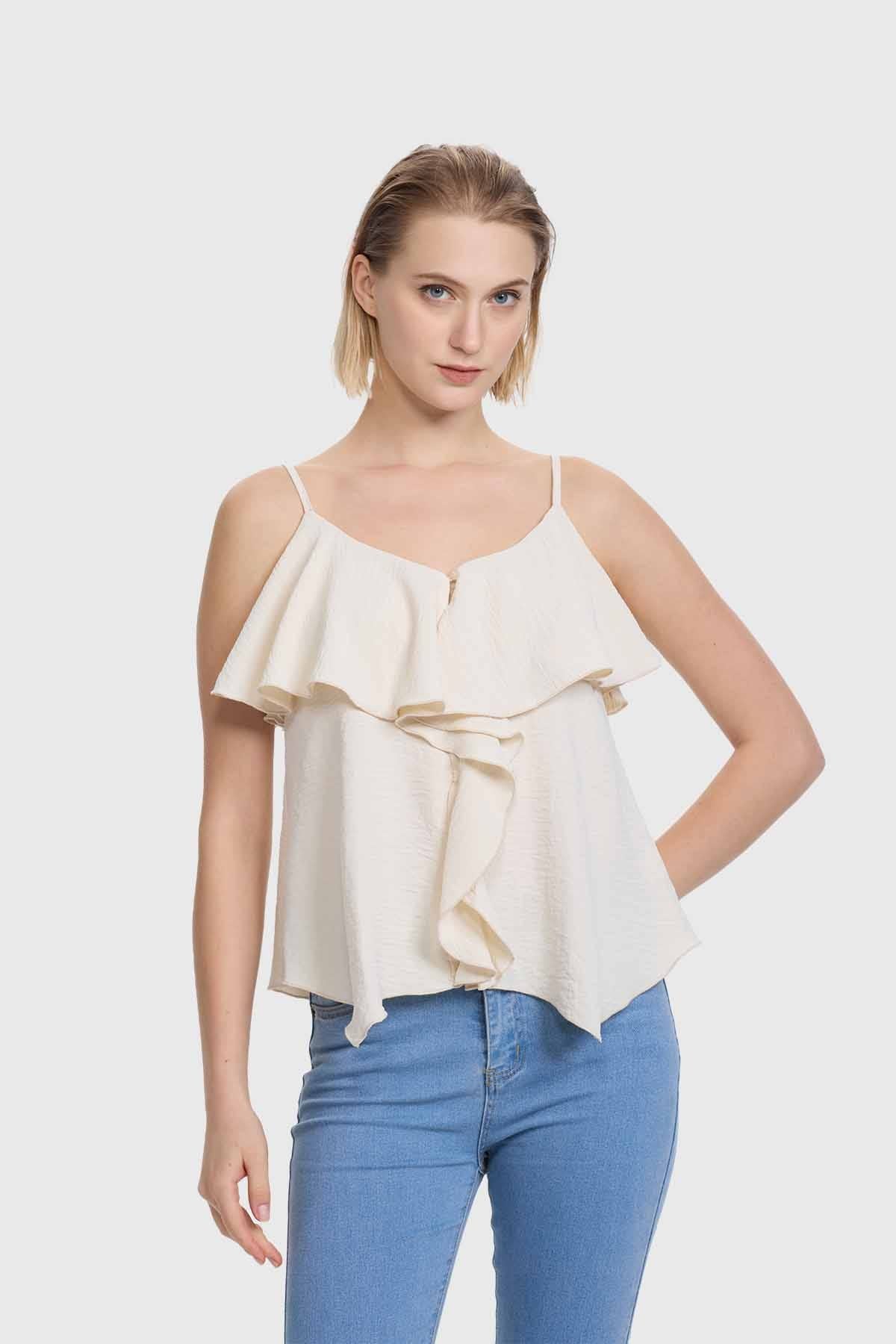 Polera Mujer Peto Pabilo Vuelos Delanteros Arena
