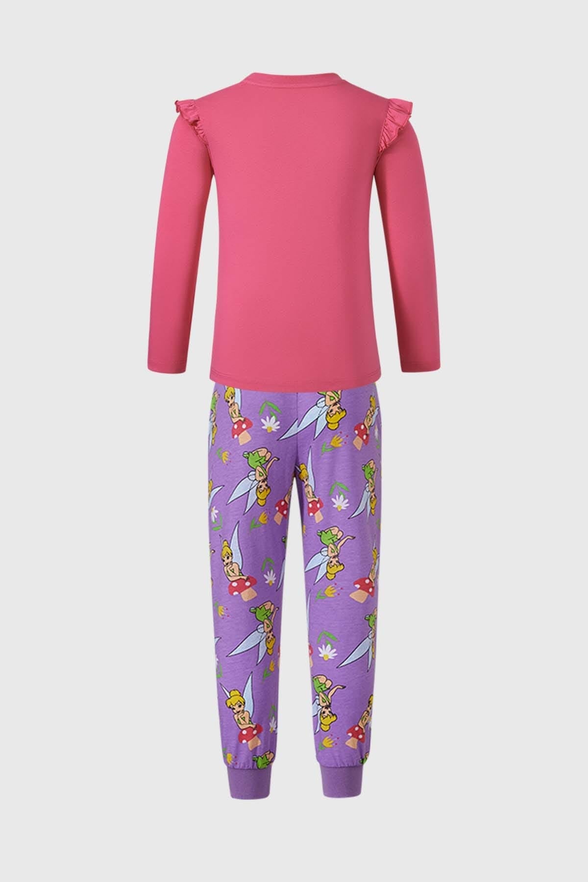 Pijama fucsia para niña con diseño de Thinkerbell y pantalón morado estampado.