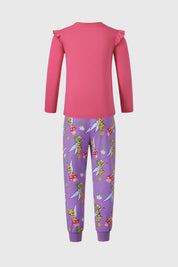 Pijama fucsia para niña con diseño de Thinkerbell y pantalón morado estampado.