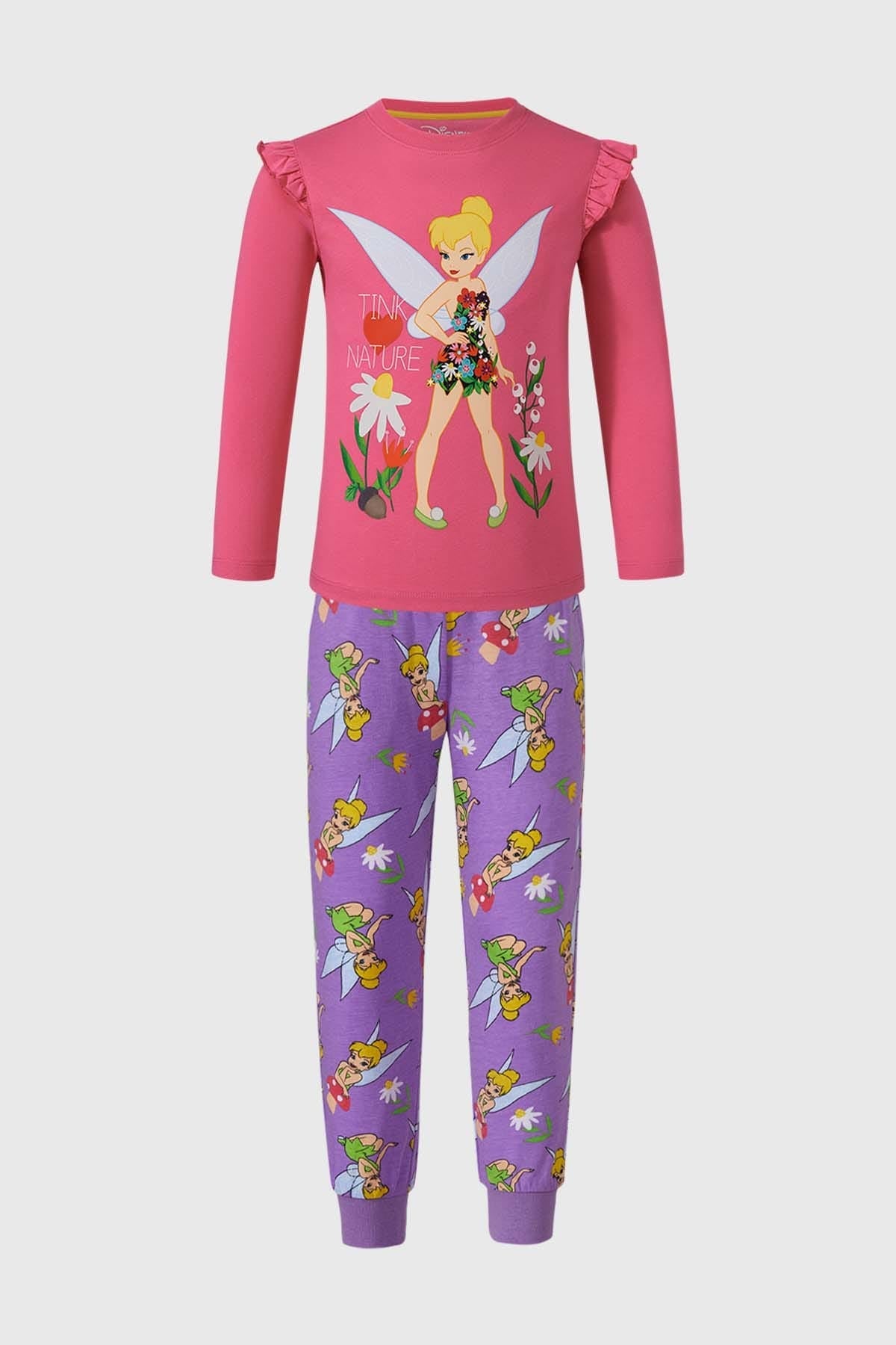 Pijama fucsia para niña con diseño de Thinkerbell y pantalón morado estampado.