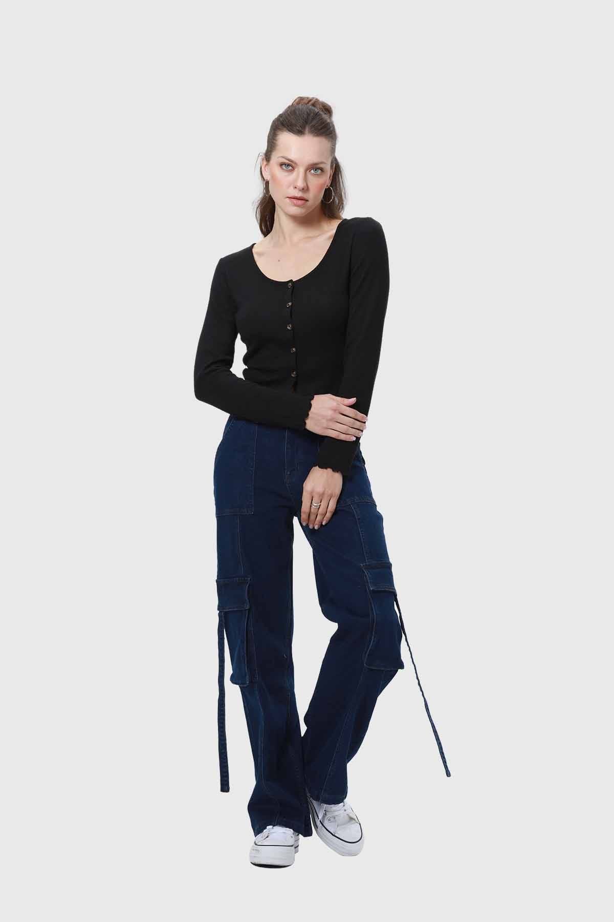 Jeans Mujer Amarras Calce Cargo Azul