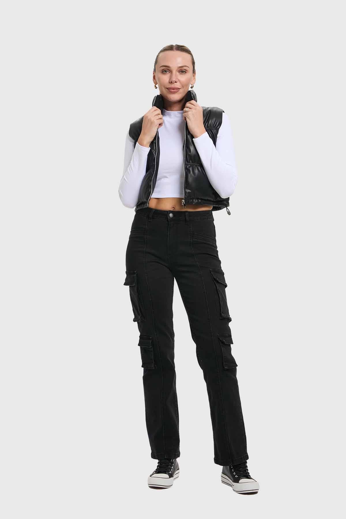 Parka Mujer Efecto Cuero Negro
