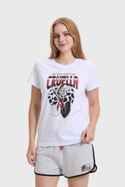 Pijama mujer Cruella blanco con estampado divertido y moderno.