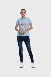 Polera Mujer Básica Print Celeste