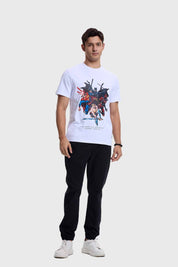 Polera blanca para hombre con diseño de superhéroes Liga de la Justicia, ideal para un look casual.