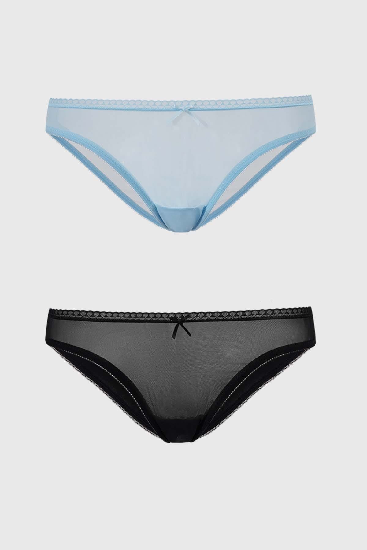 Calzón Mujer Bipack Bikini Detalle Mesh Celeste