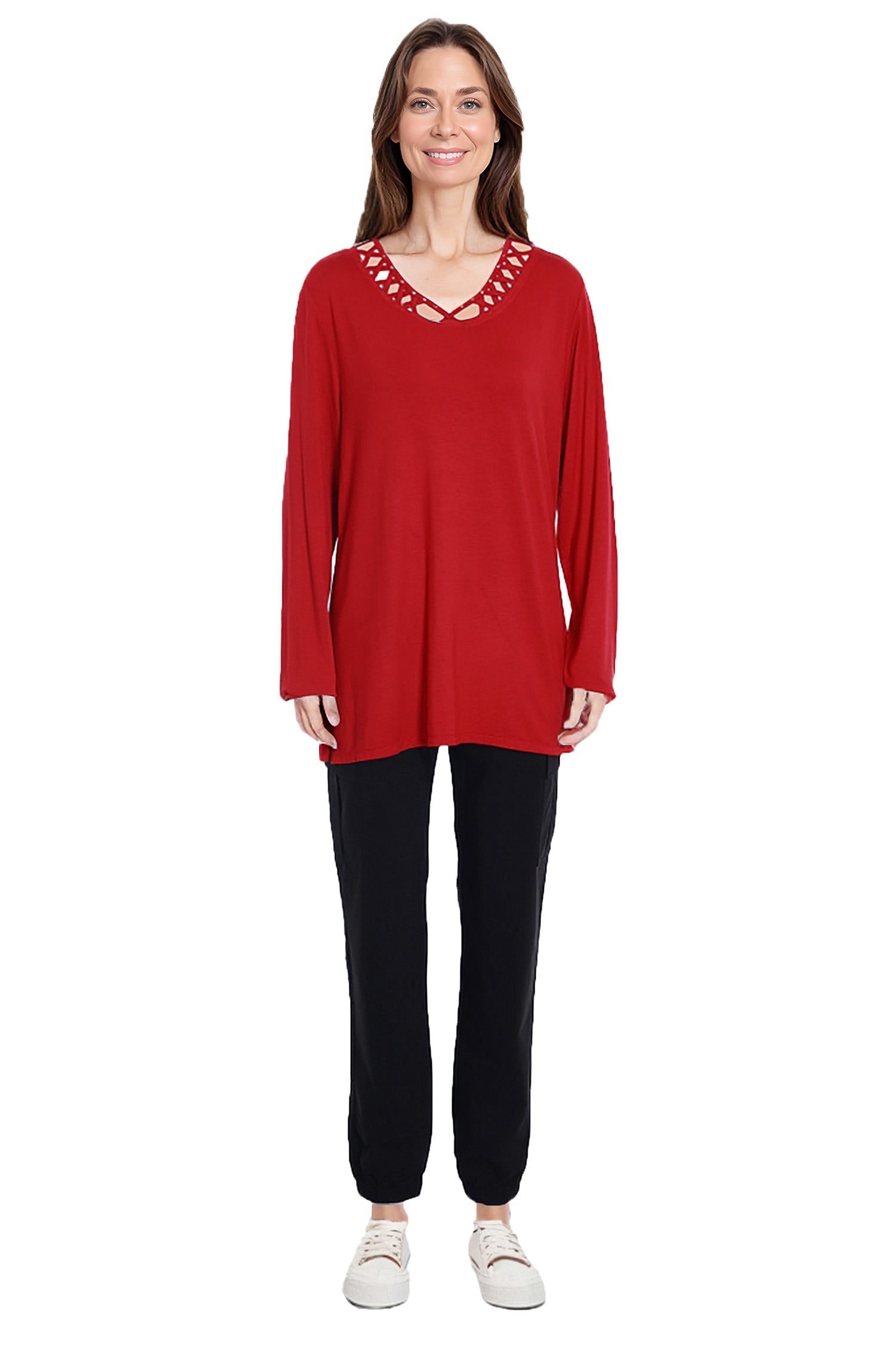 Polera Mujer Manga Larga Cuello Cruzado Rojo