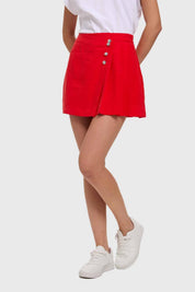 Short falda rojo mujer con botones frontales plateados y diseño liso casual ideal para el día a día