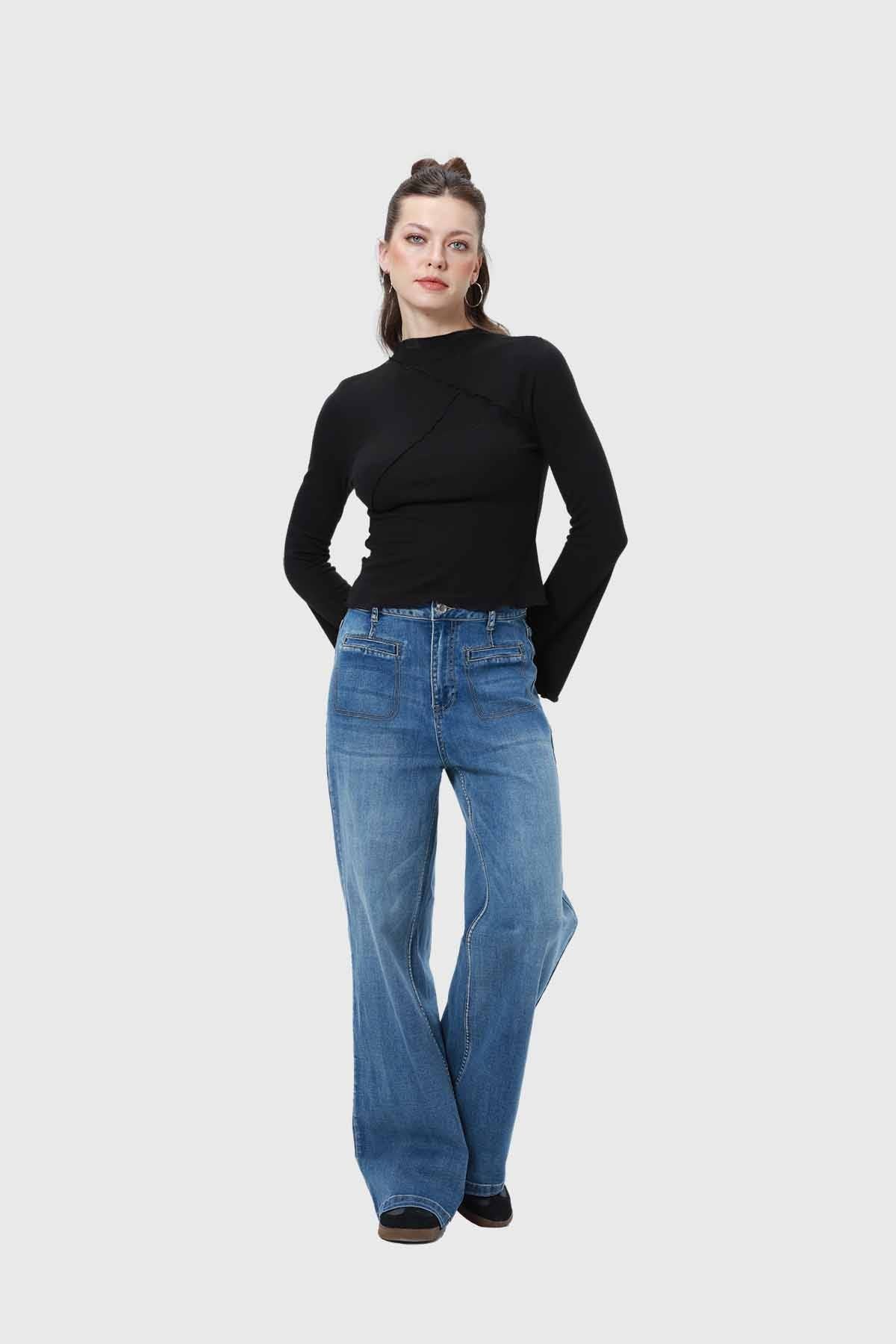 Jeans Mujer Bolsillos Calce Recto Azul