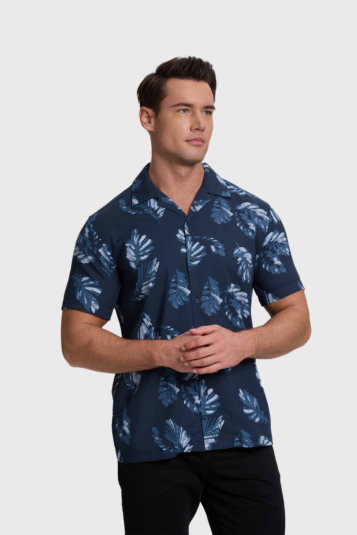Camisa Hombre Print Hojas Azul