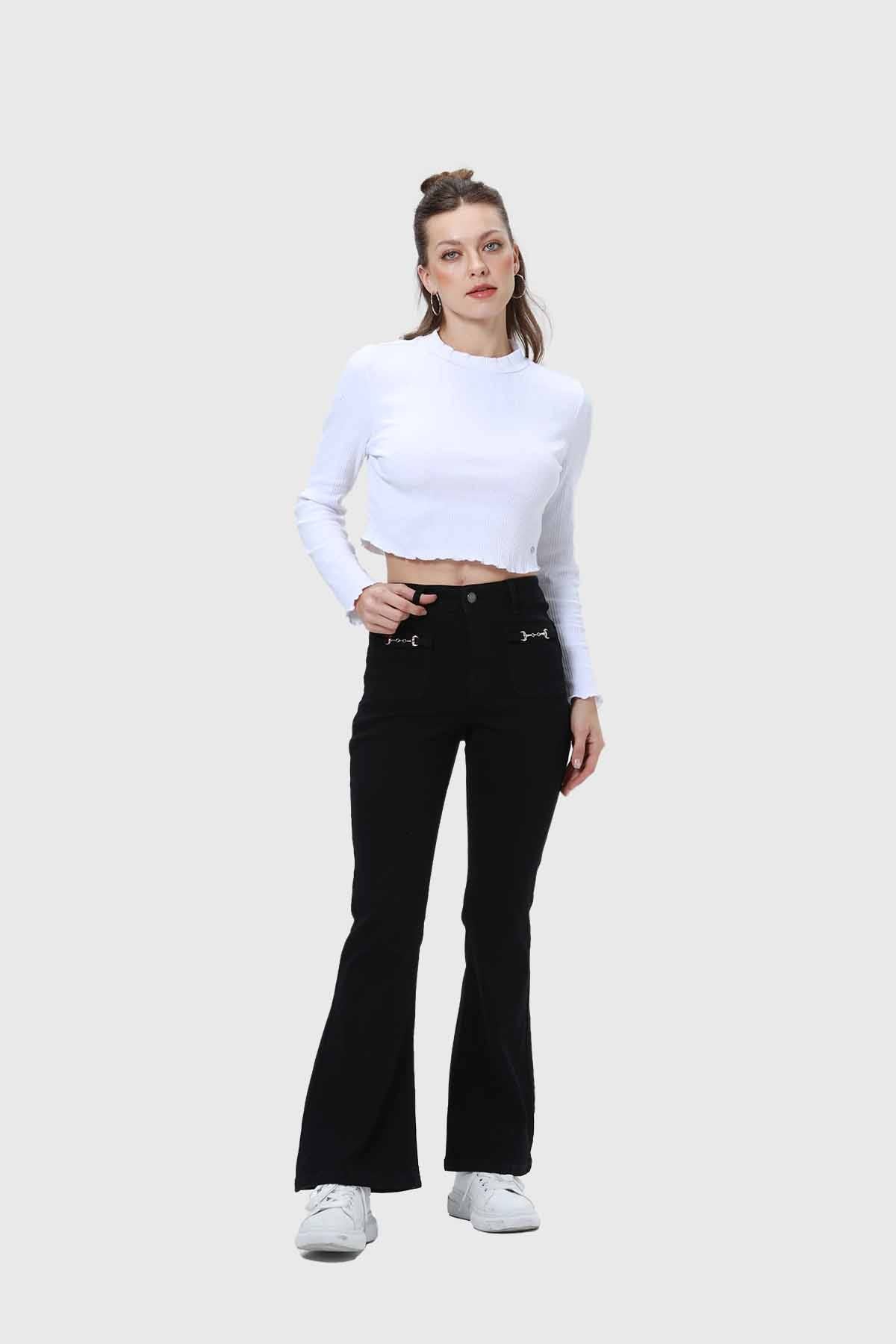 Jeans Mujer Flare Pedrería Negro