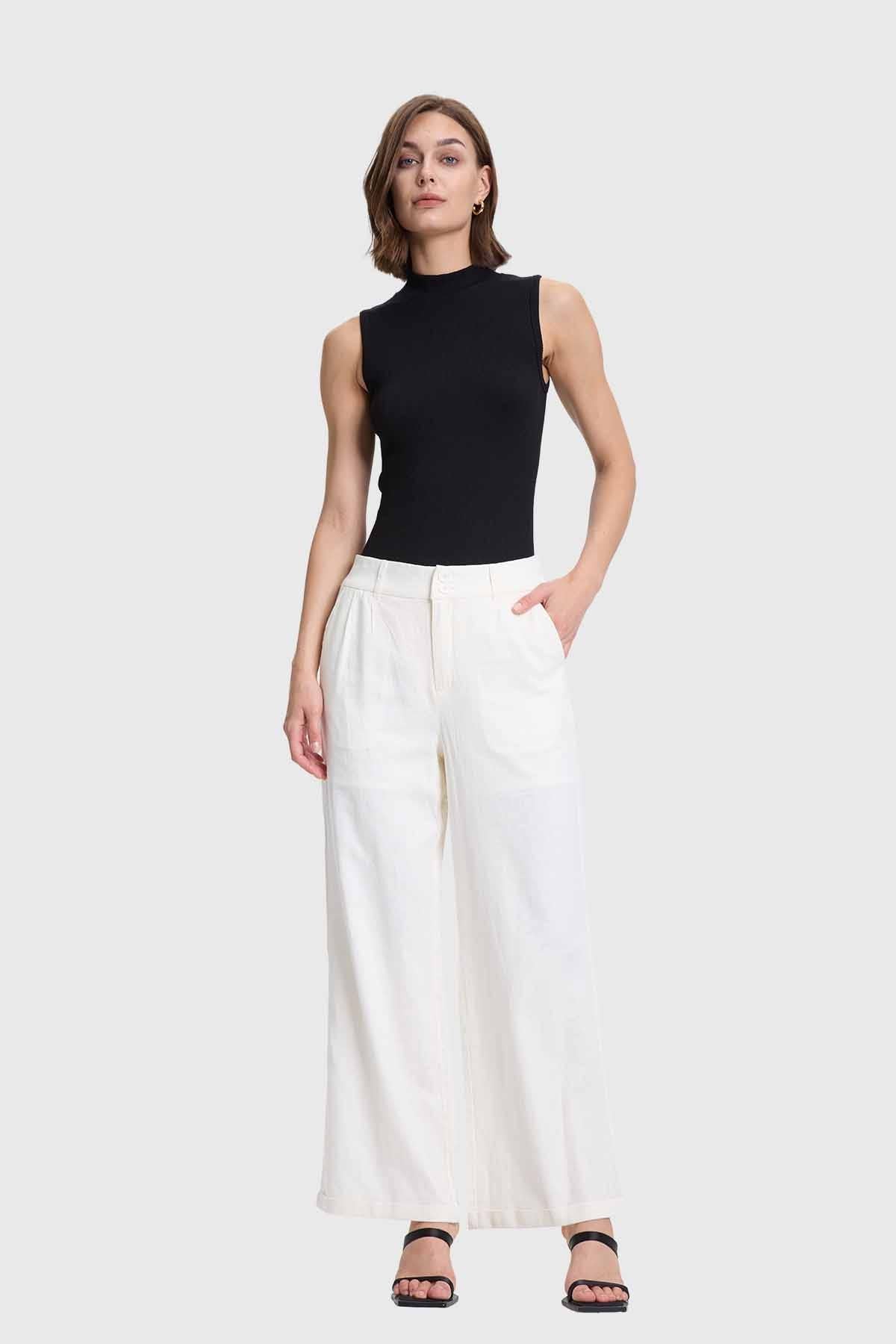 Pantalón Mujer Lino Sastrero Dobladillo Crudo