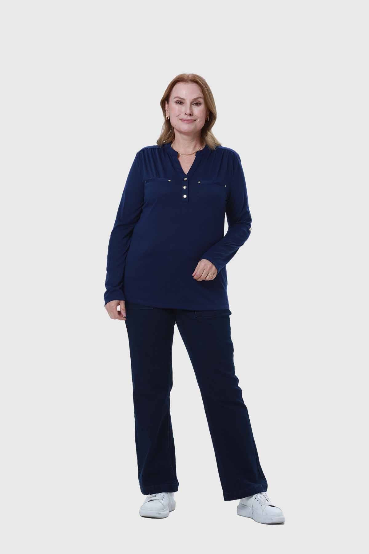Polera Mujer Cuello Abotonado Azul