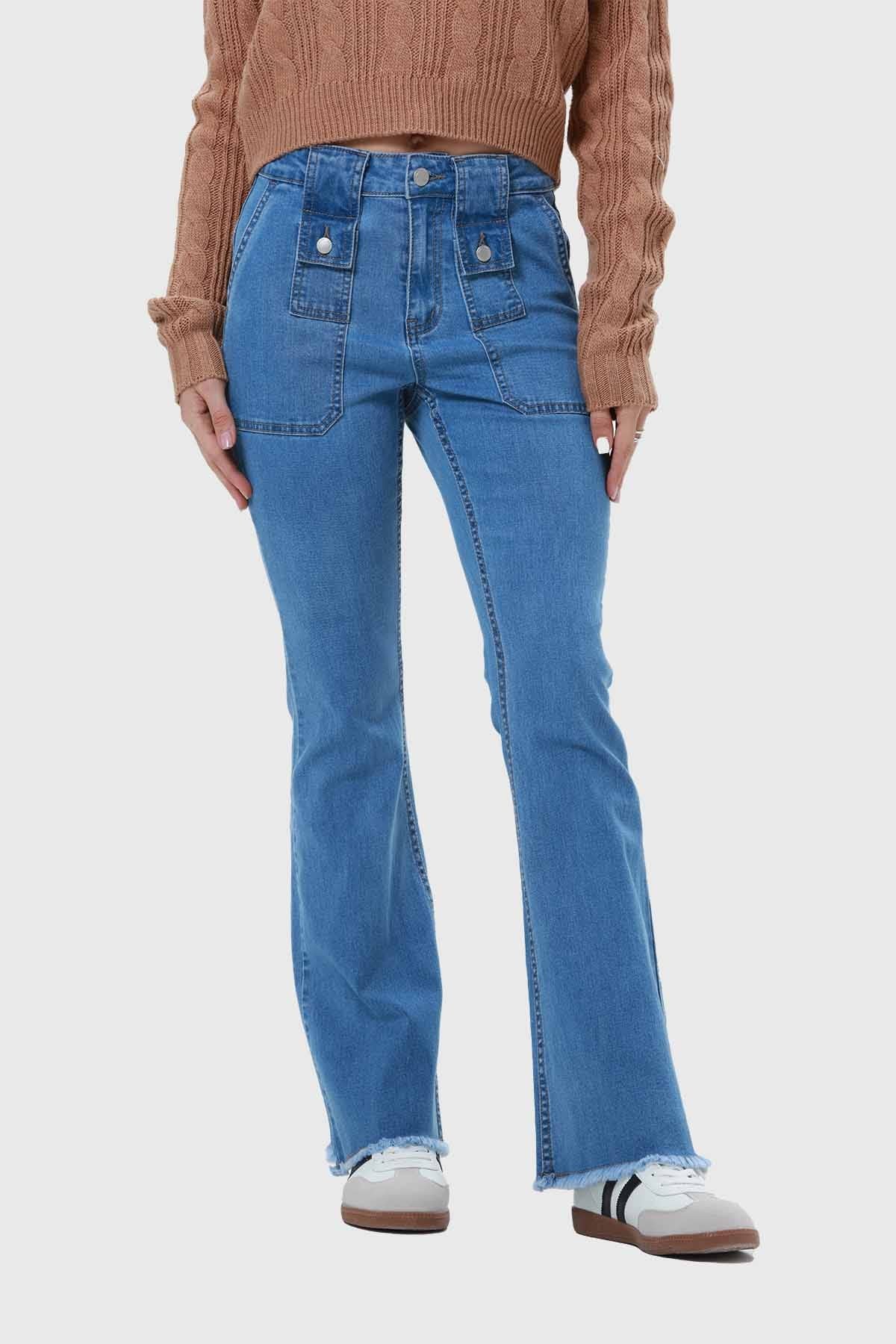 Jeans Mujer Flare Cargo Azul