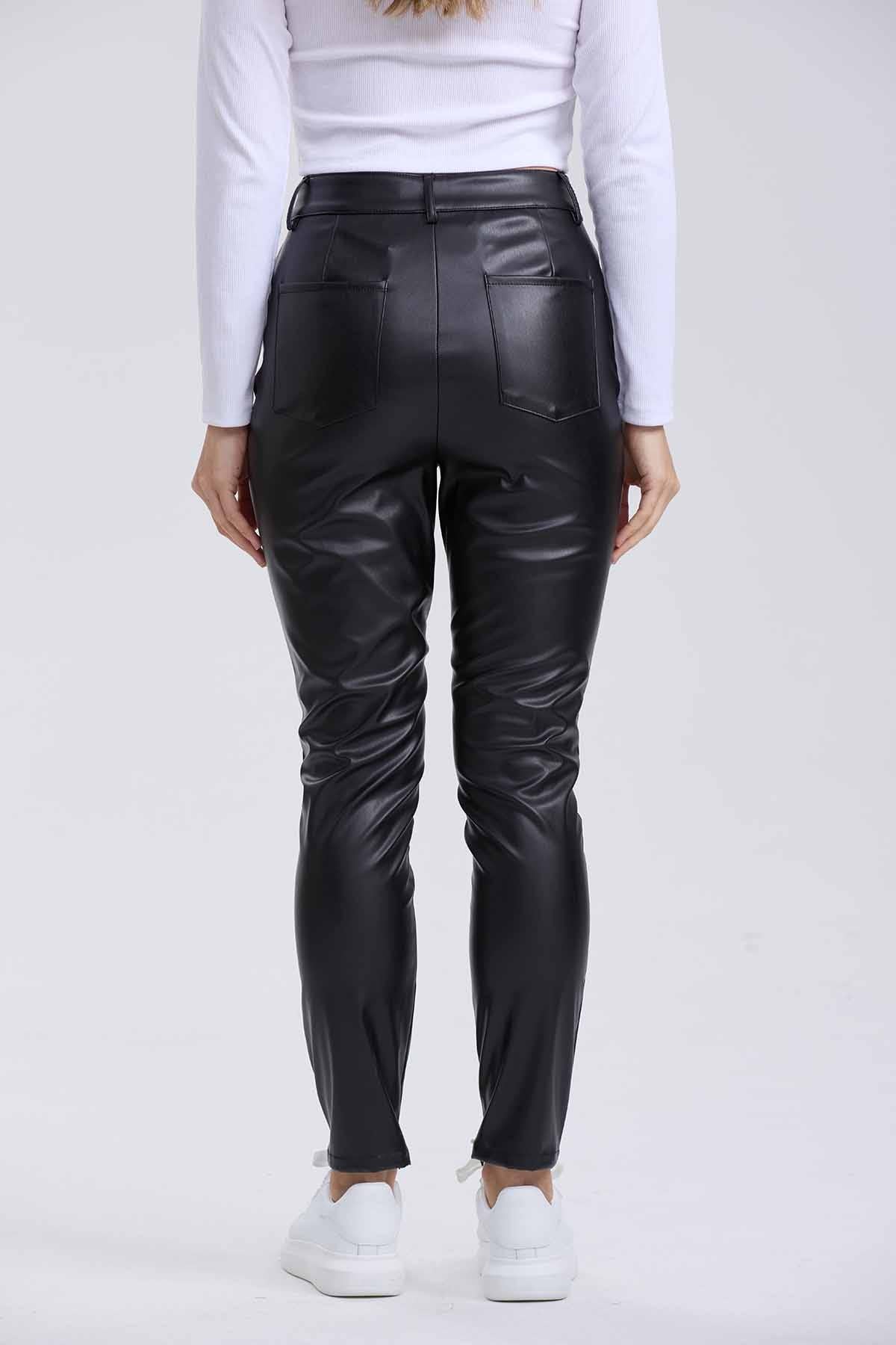 Pantalón Mujer Pitillo Efecto Cuero Negro