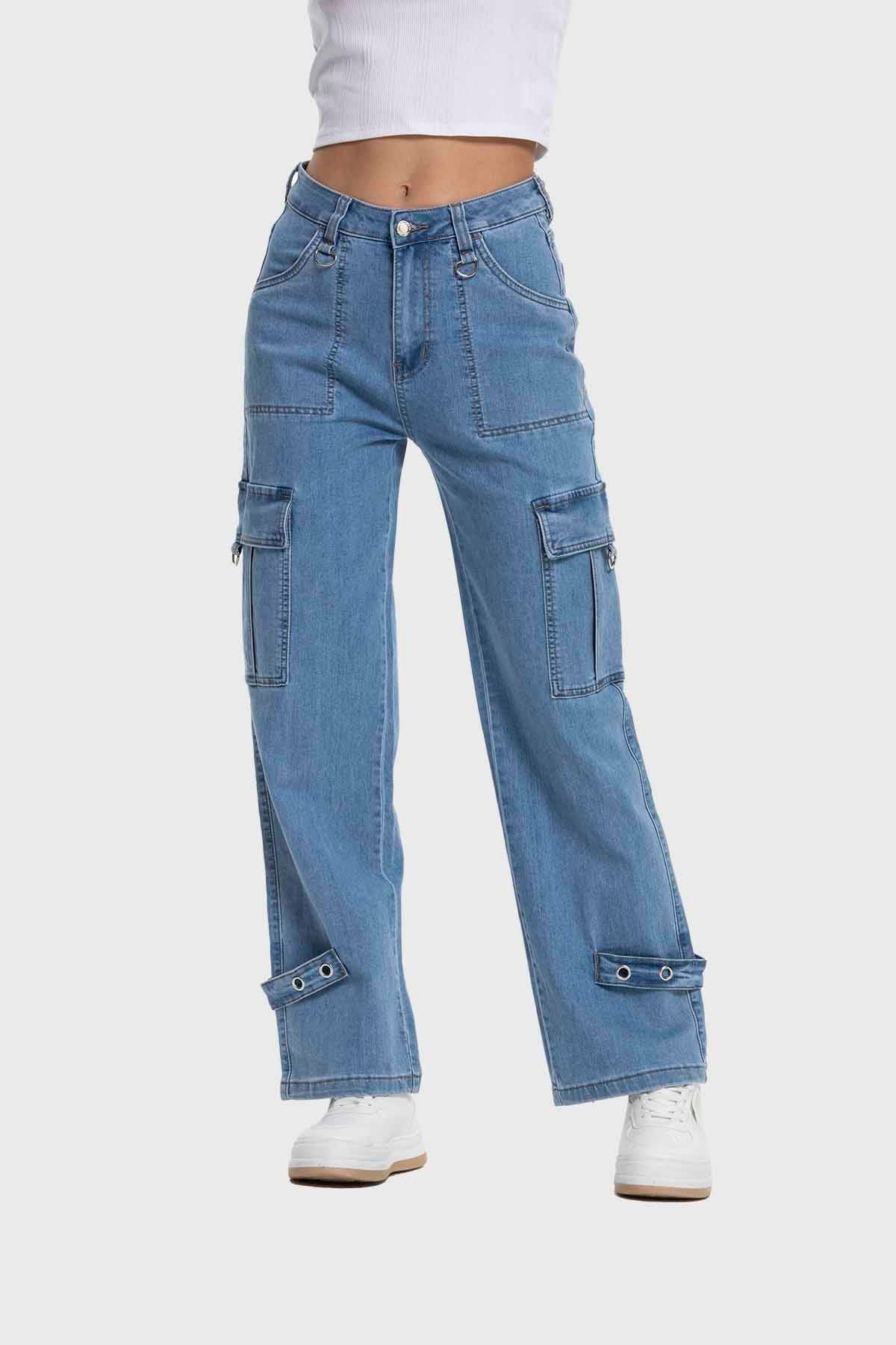 Jeans Mujer Recto Cargo Ojetillo Azul