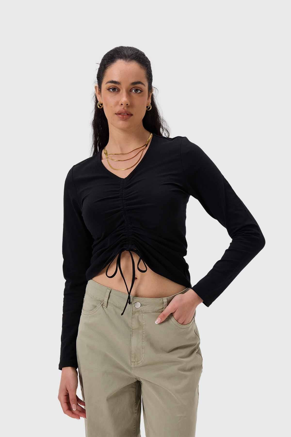 Polera Mujer Recogido Delantero Negro