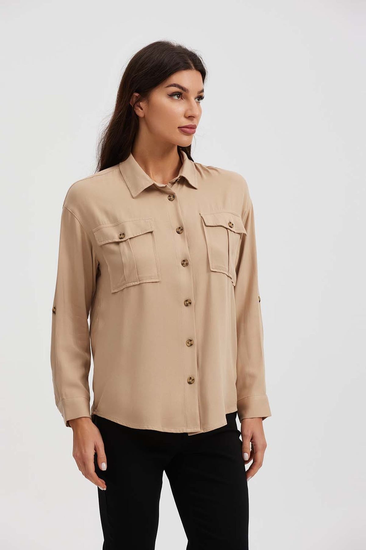 Blusa Mujer Manga Roll Up Taupe