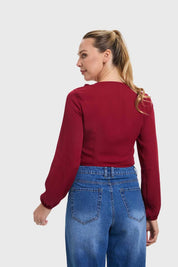 Blusa Mujer Manga Globo Burdeo
