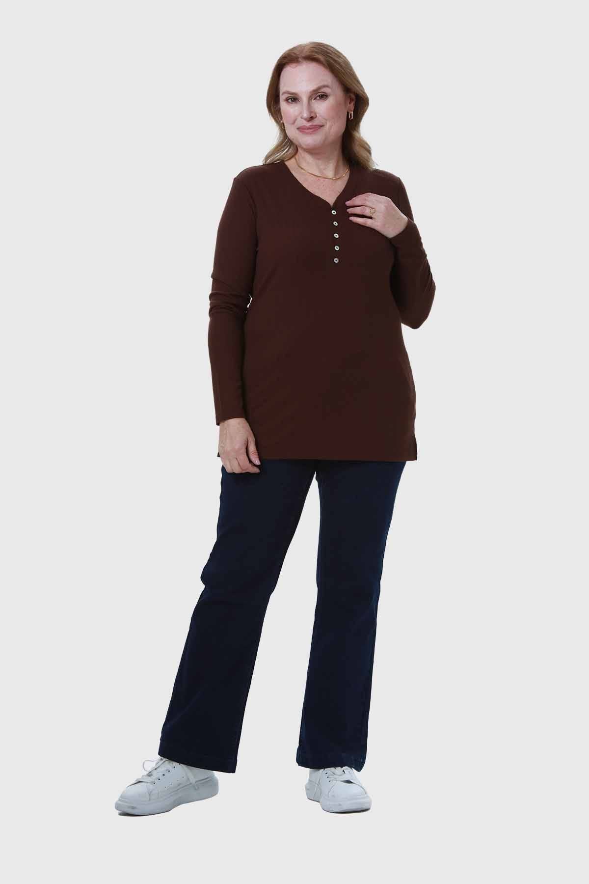 Polera Mujer Cuello V Rib Café