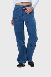 Jeans Mujer Cargo Calce Recto Azul