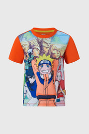 Polera niño Naruto naranjo con estampado de personajes del anime, diseño moderno y cómodo.