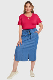 Falda Tencel Con Botones Azul