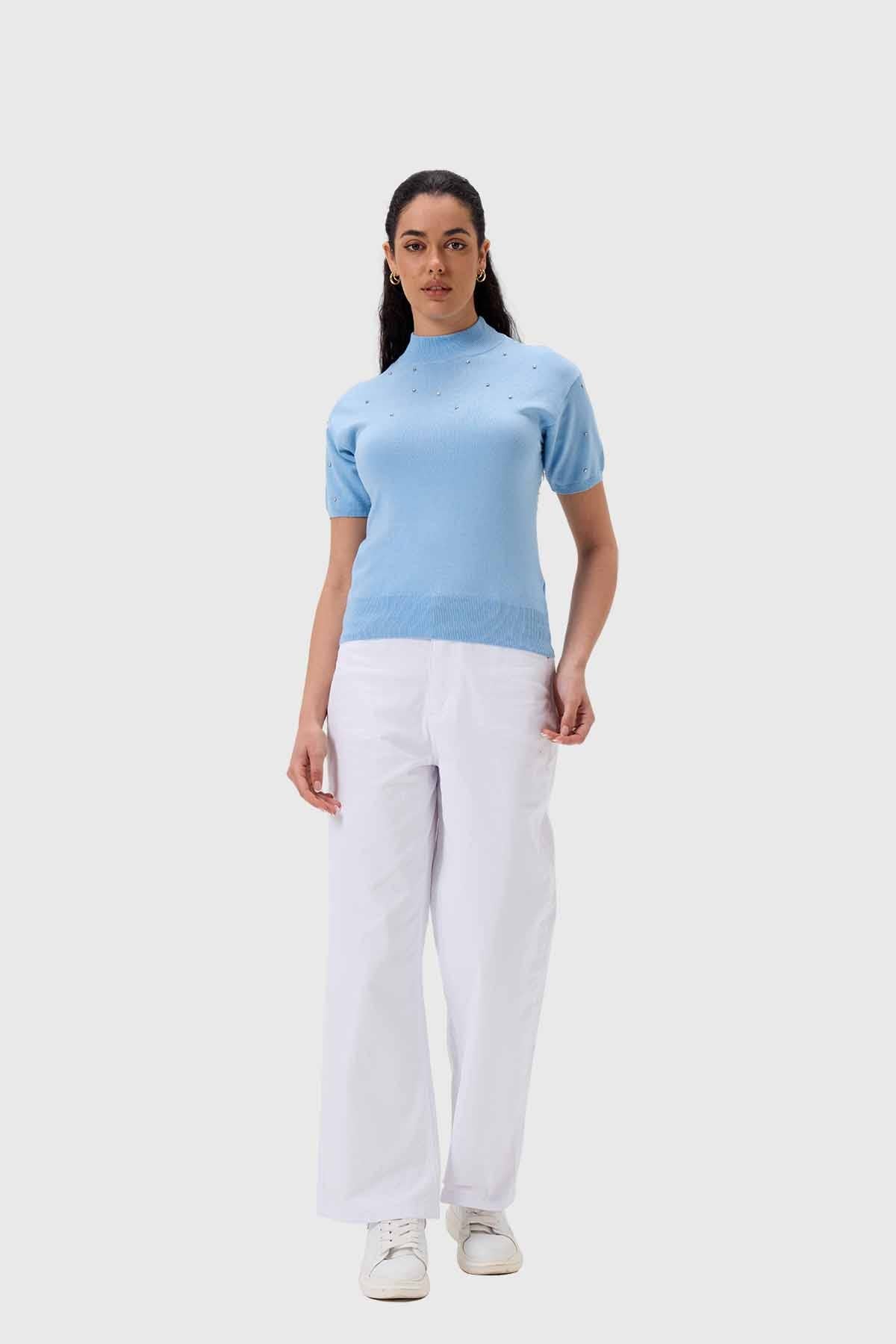 Sweater Mujer Con Aplicación Celeste