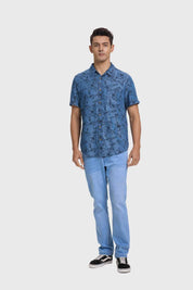 Camisa Hombre Denim Slim Floreada Azul