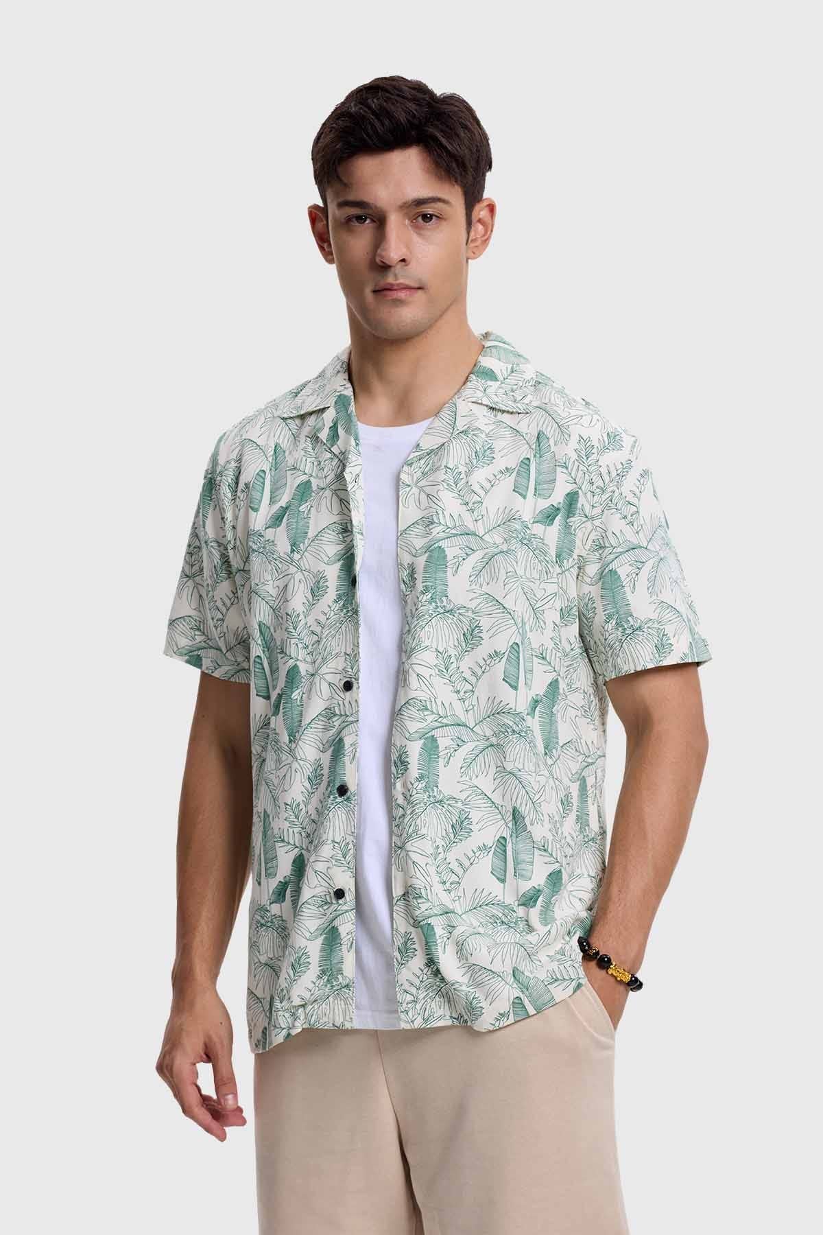 Camisa Hombre Diseño Tropical Beige