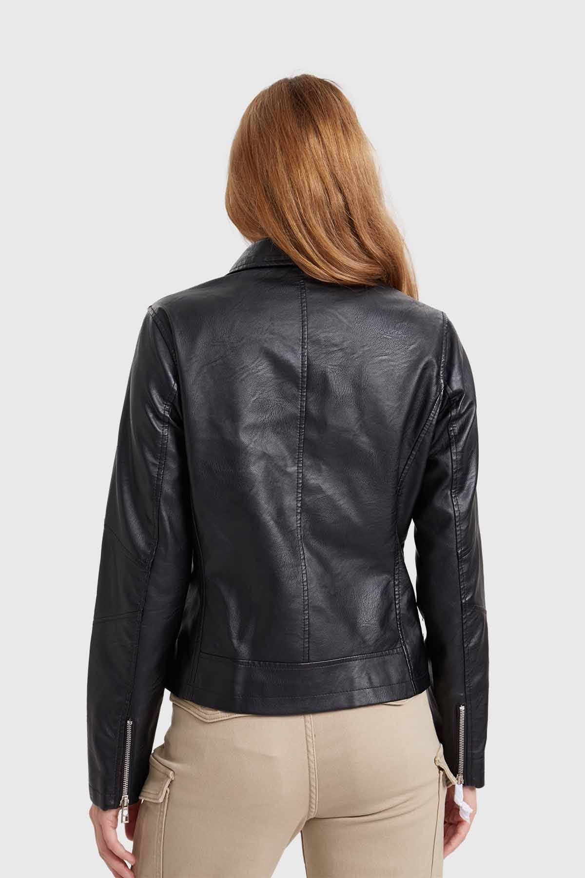 Chaqueta Mujer Biker Efecto Cuero Negro