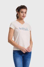 Polera Mujer Print Aplicación Crema