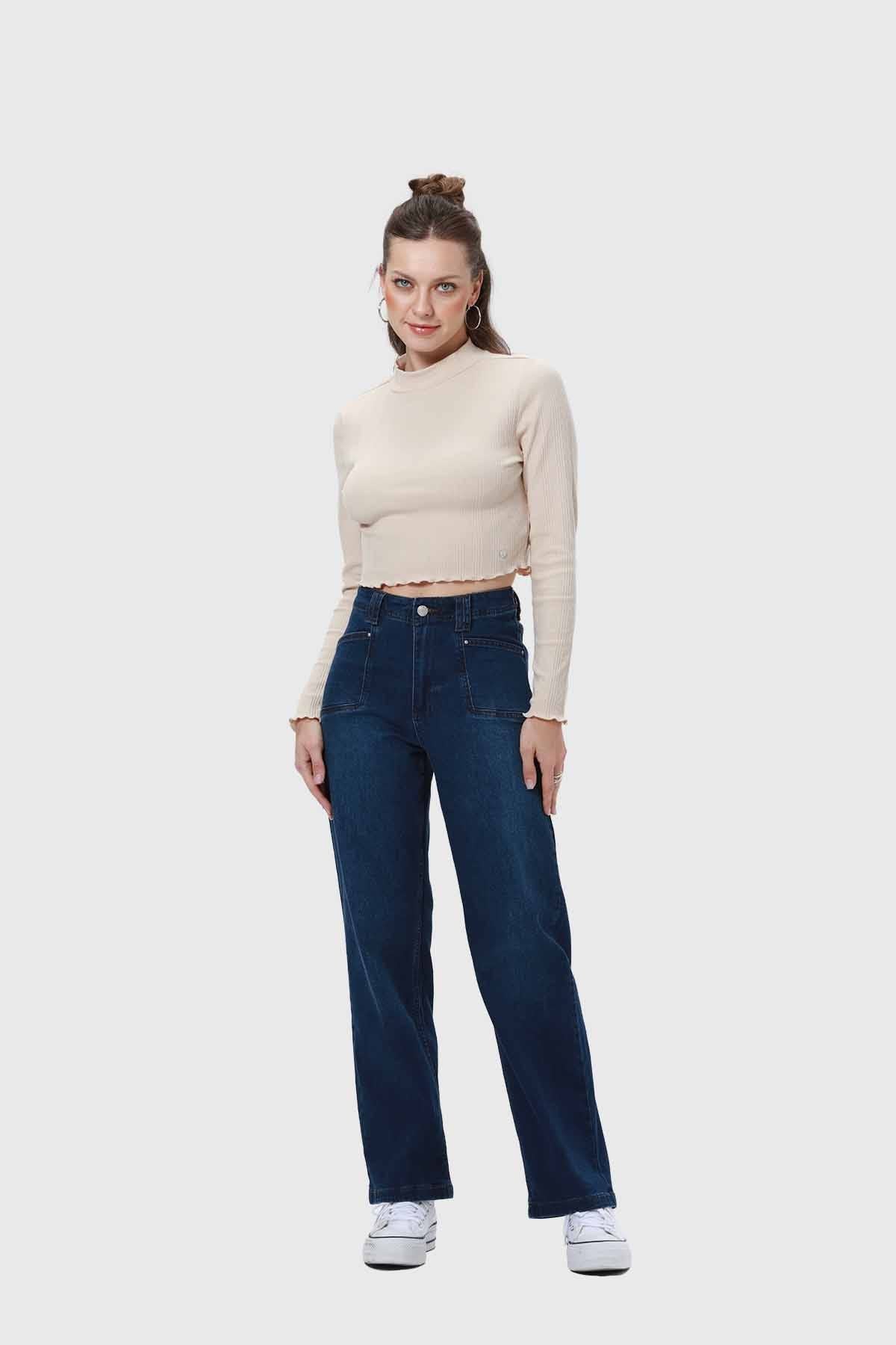 Jeans Mujer Bolsillo D Calce Recto Azul