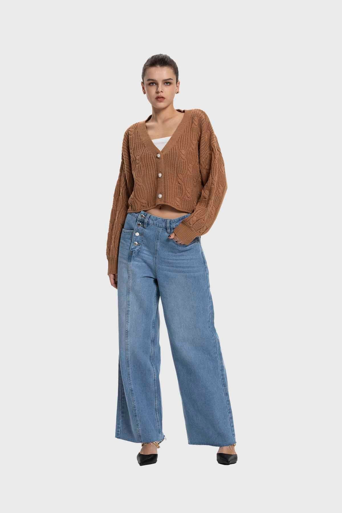 Sweater Mujer Cuello V Abierto Camel
