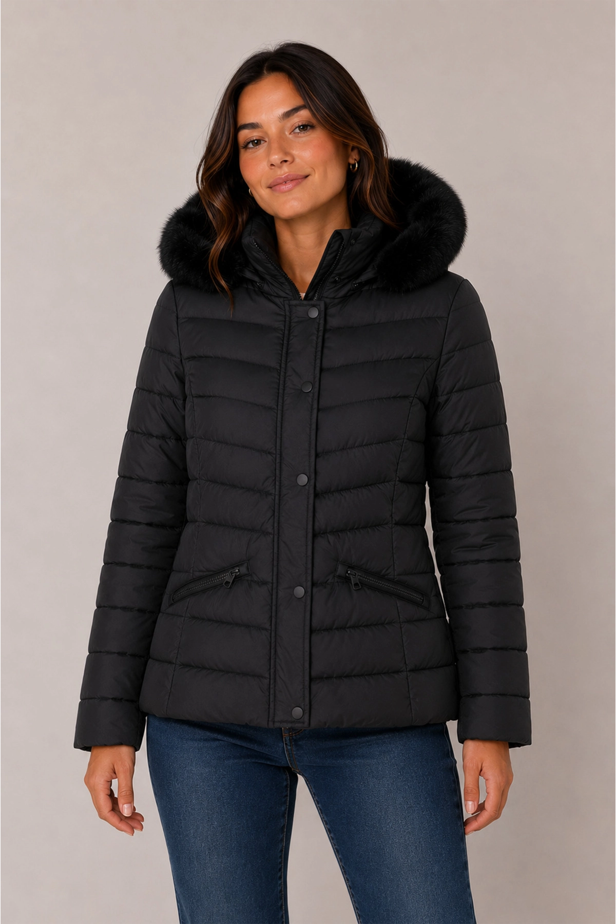 Parka Mujer Cuello Con Gorro Y Piel Negro