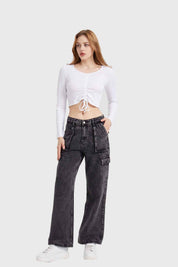Jeans Mujer Recto Cargo Gris
