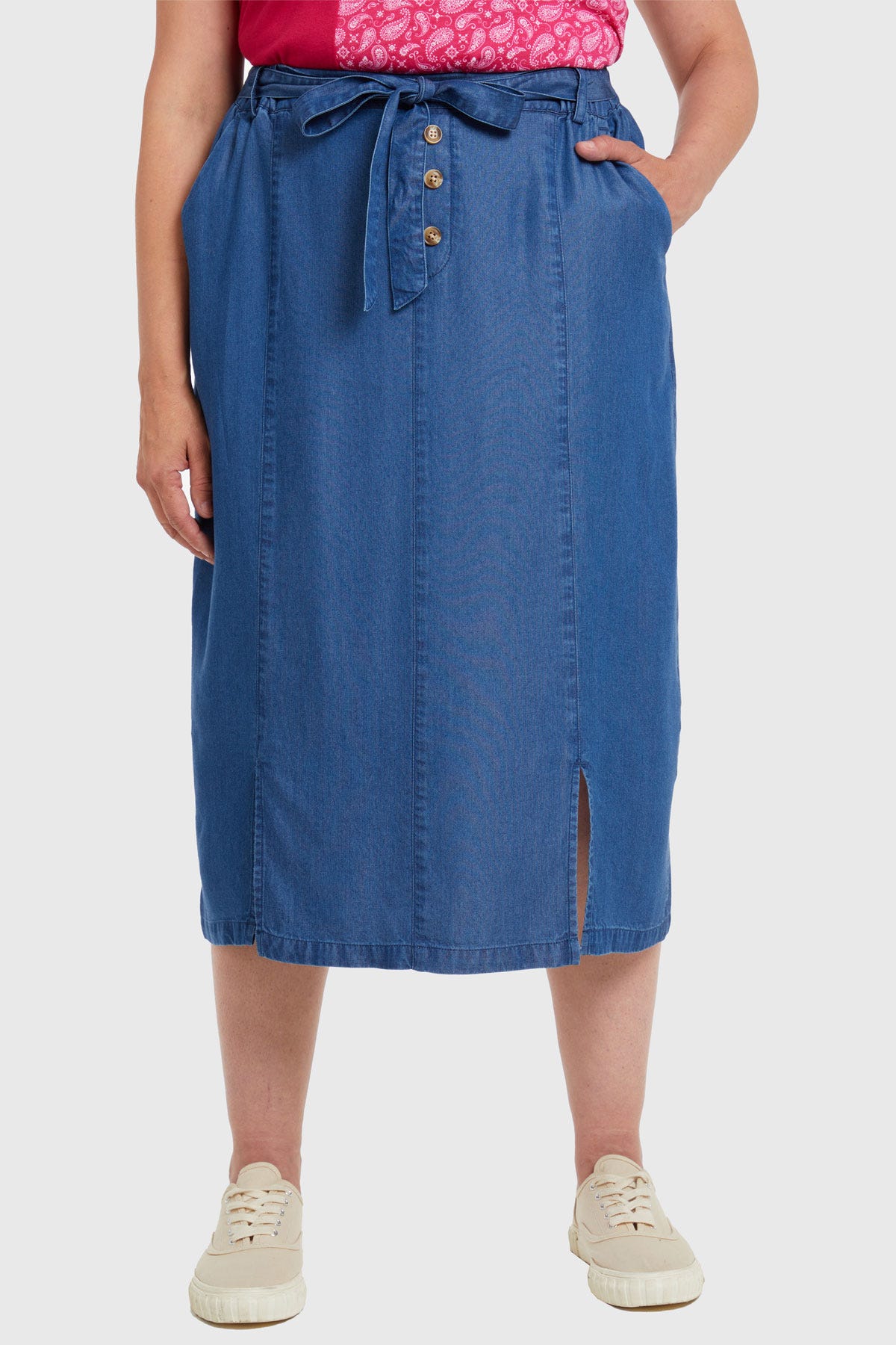 Falda Tencel Con Botones Azul