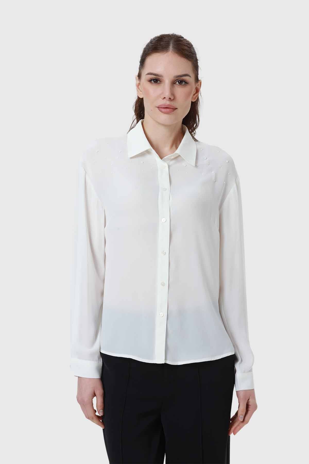 Blusa Mujer Aplicación Perlas Canes Crudo