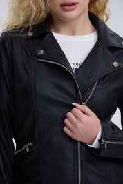 Chaqueta Mujer Biker Efecto Cuero Negro