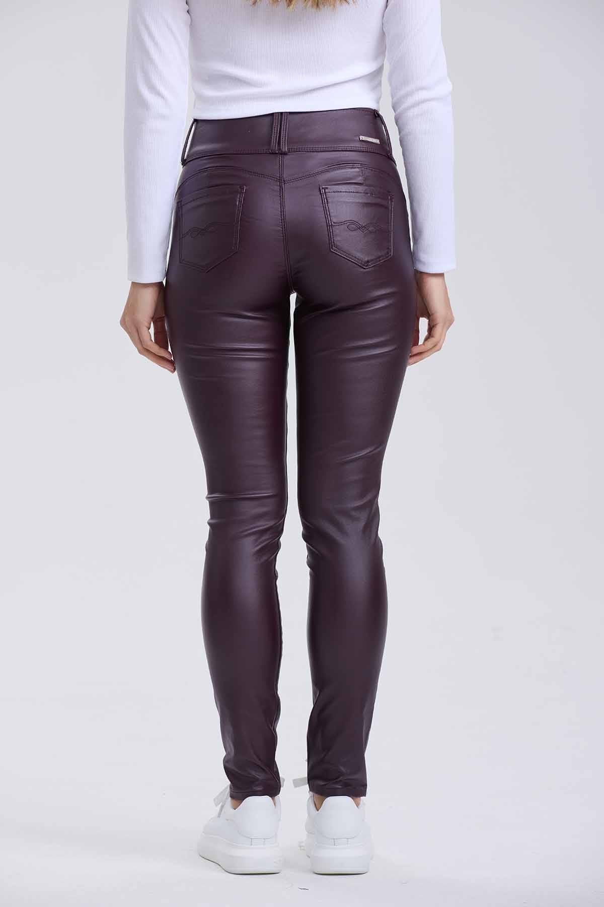 Jeans Mujer Efecto Cuero Berenjena