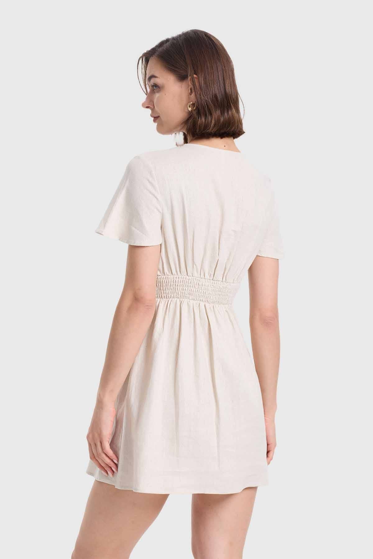 Vestido Mujer Lino Corto Aplicación Beige